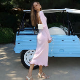 backless flared sleeves with ruffled hem, knitted long skirt, sexy contrasting long dress